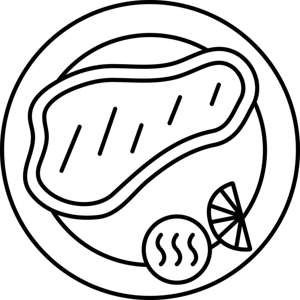 Steak with Salad on Plate Icon in Black Outline. vector