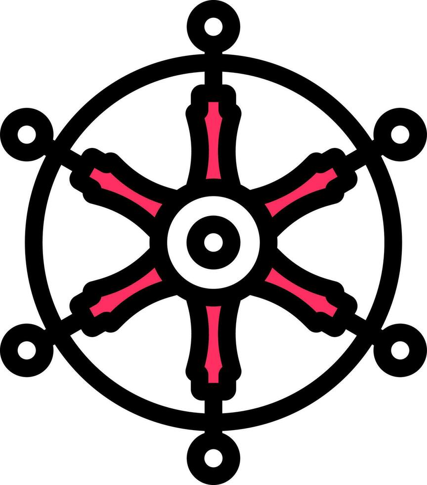 Vector Illustration Of Dharma Wheel In Pink And White Color.