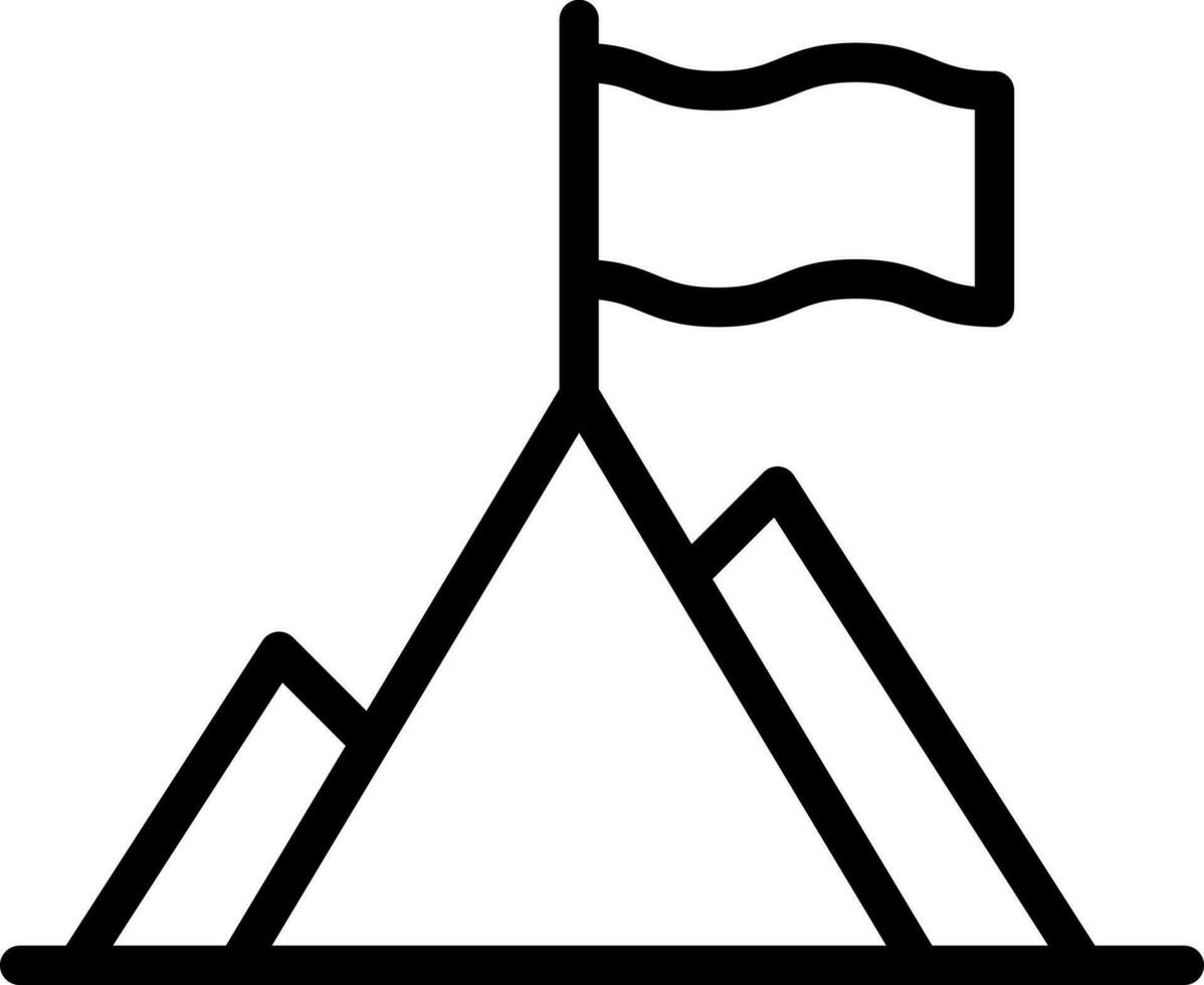 Mountain With Flag Icon In Black Outline. vector