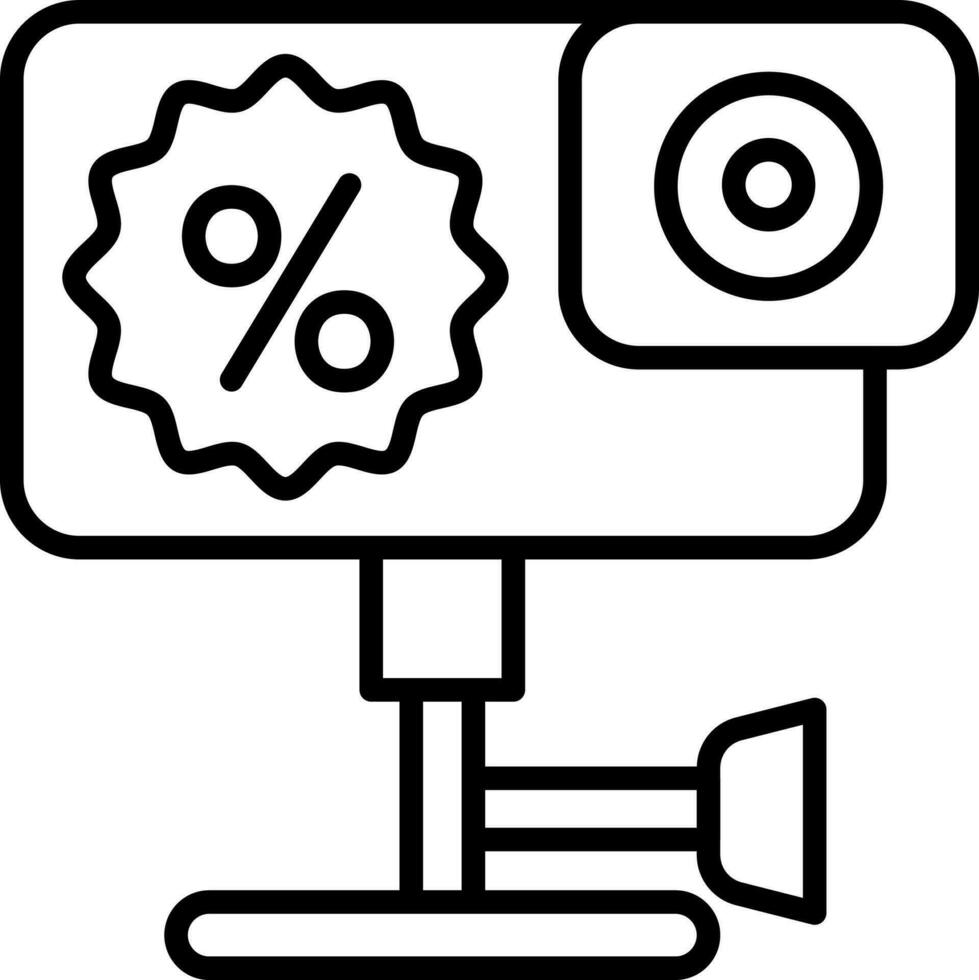 Action Camera With Discount Label Icon In Black Line Art. vector