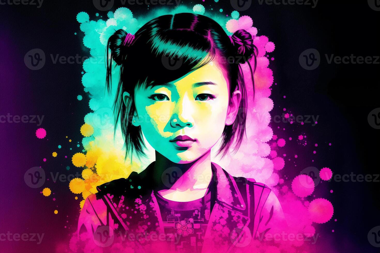 un ilustración de un pequeño asiático muchacha. jugando. silueta. acuarela pintar. generativo ai foto