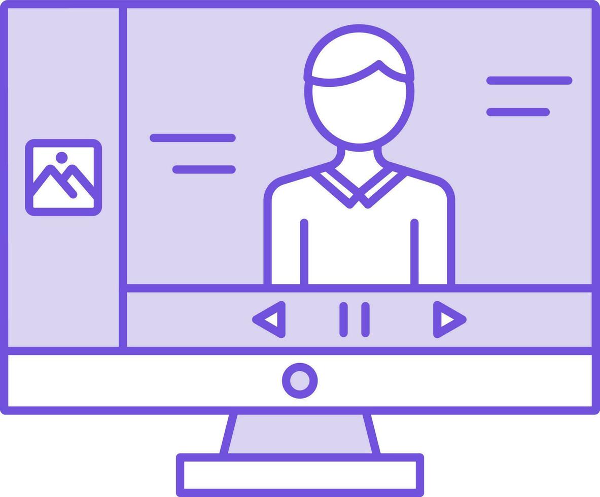 púrpura y blanco color en línea vídeo jugar en escritorio icono. vector