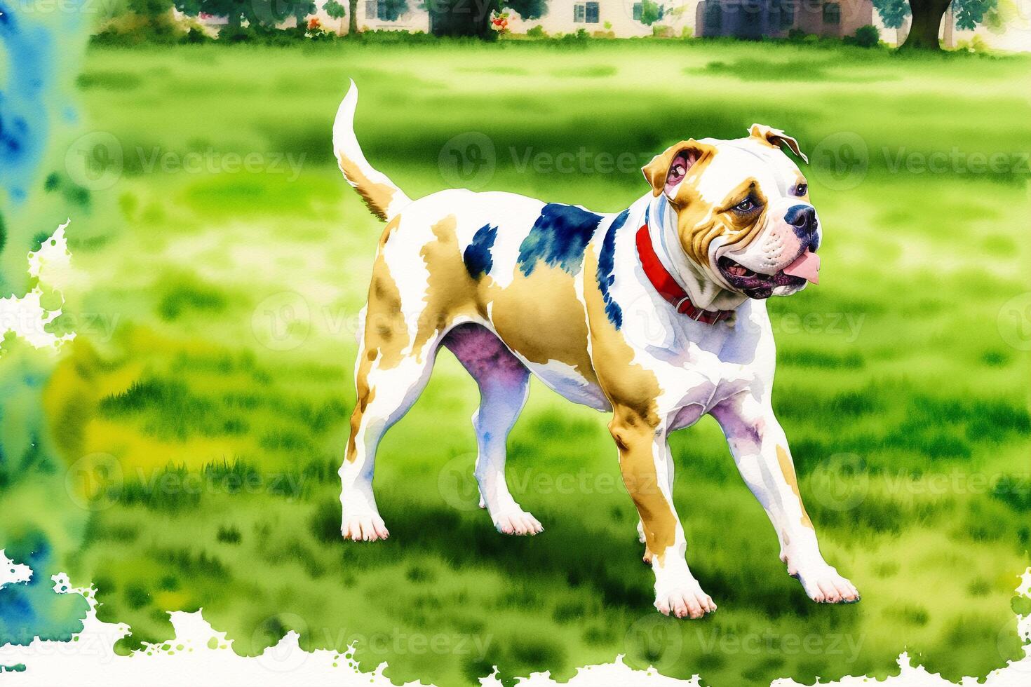Watercolor painting of the Loyal American Bulldog. A Powerful Guardian and Family Companion. photo