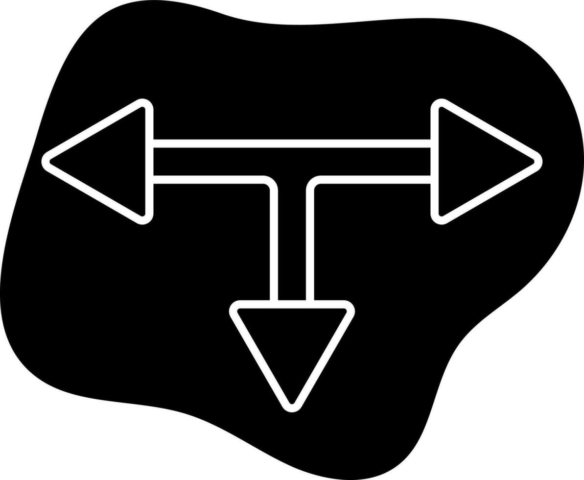 Glyph Style Three Way Direction Arrow Icon On Black Background. vector