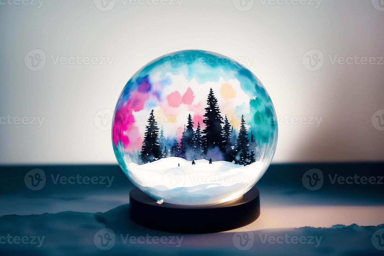A painting of a snow globe with a snowy scene on the watercolor background. Watercolor paint. Digital art, photo