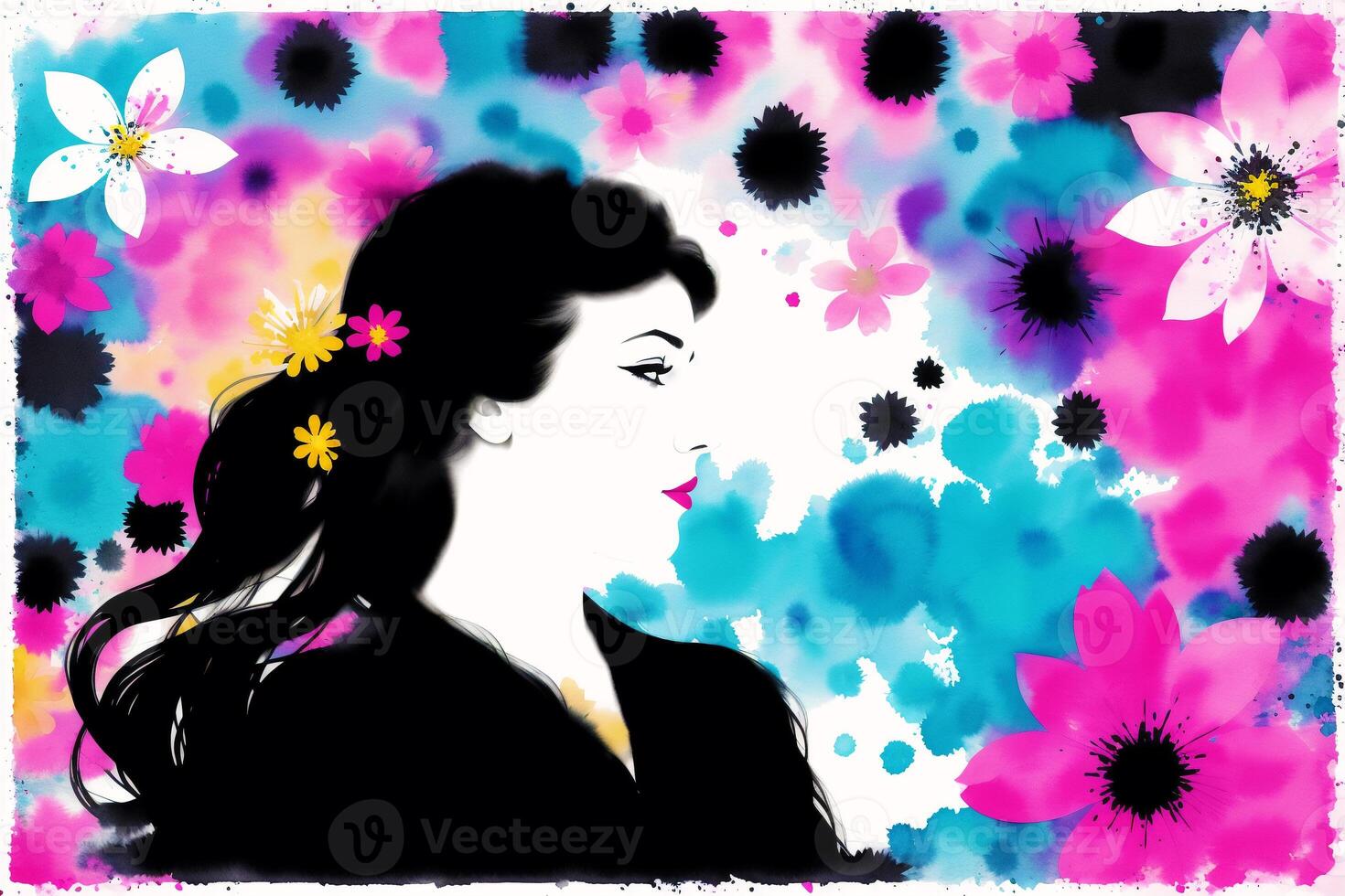 un ilustración de un joven mujer con un vistoso antecedentes y flores silueta. acuarela pintar. generativo ai foto
