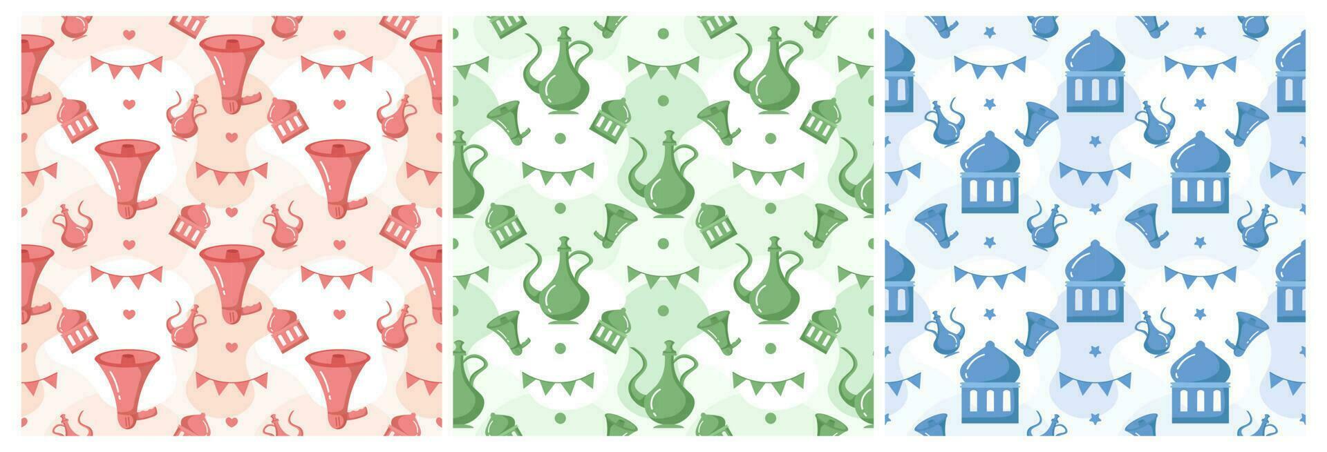 Set of Happy Islamic New Year Seamless Pattern Design Flat Illustration with Muslims Elements in Template Hand Drawn vector