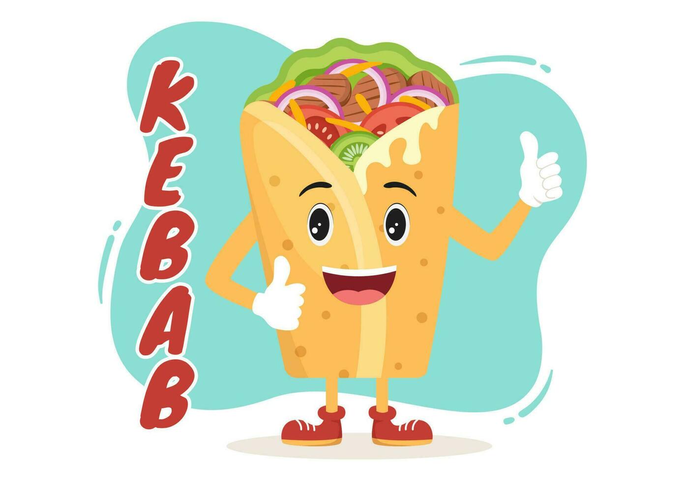Kebab Vector Illustration with Stuffing Chicken or Beef Meat, Salad and Vegetables in Bread Tortilla Wrap in Flat Cartoon Hand Drawn Templates
