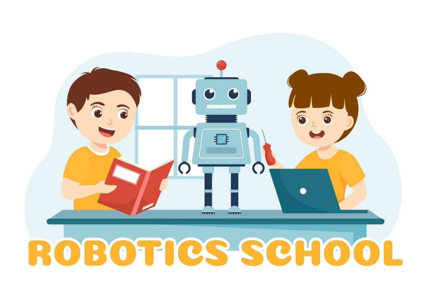 robótica colegio vector ilustración con niños robótico proyecto a programación y Ingenieria robot en plano dibujos animados mano dibujado aterrizaje página plantillas