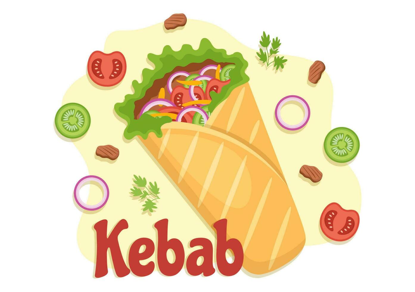 Kebab Vector Illustration with Stuffing Chicken or Beef Meat, Salad and Vegetables in Bread Tortilla Wrap in Flat Cartoon Hand Drawn Templates