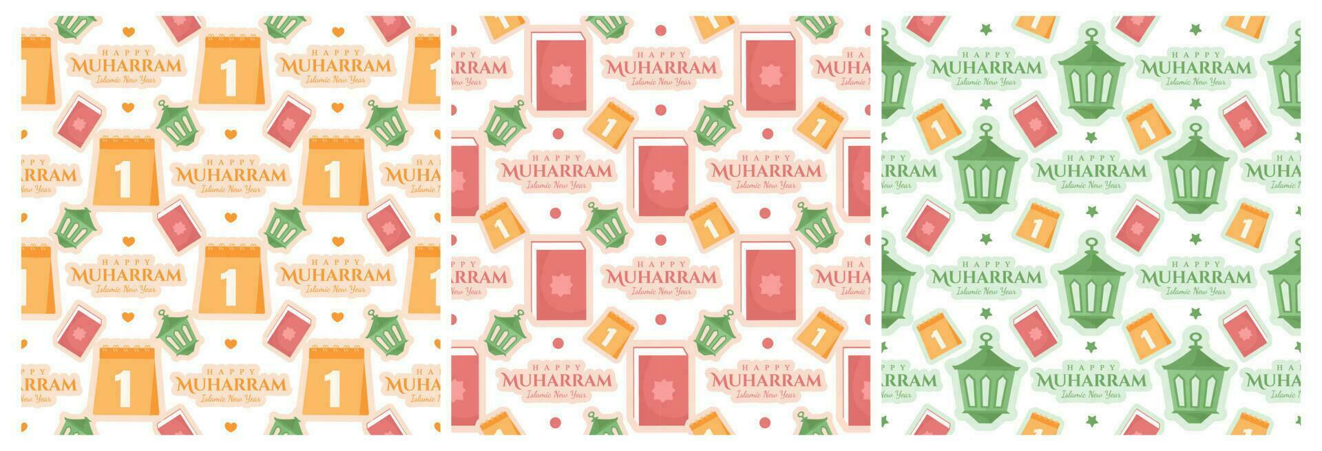 Set of Happy Islamic New Year Seamless Pattern Design Flat Illustration with Muslims Elements in Template Hand Drawn vector
