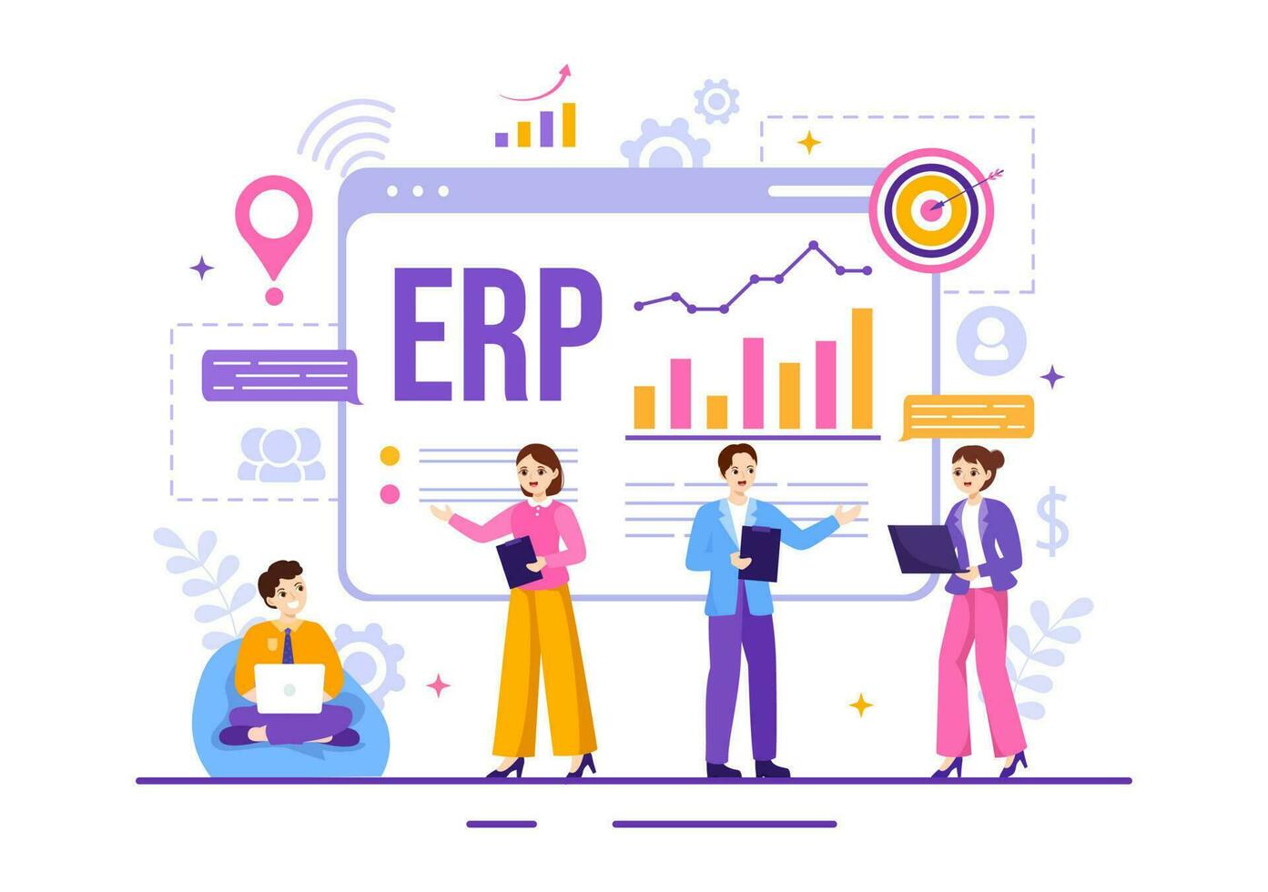 erp empresa recurso planificación sistema vector ilustración con negocio integración, productividad y empresa mejora en mano dibujado plantillas