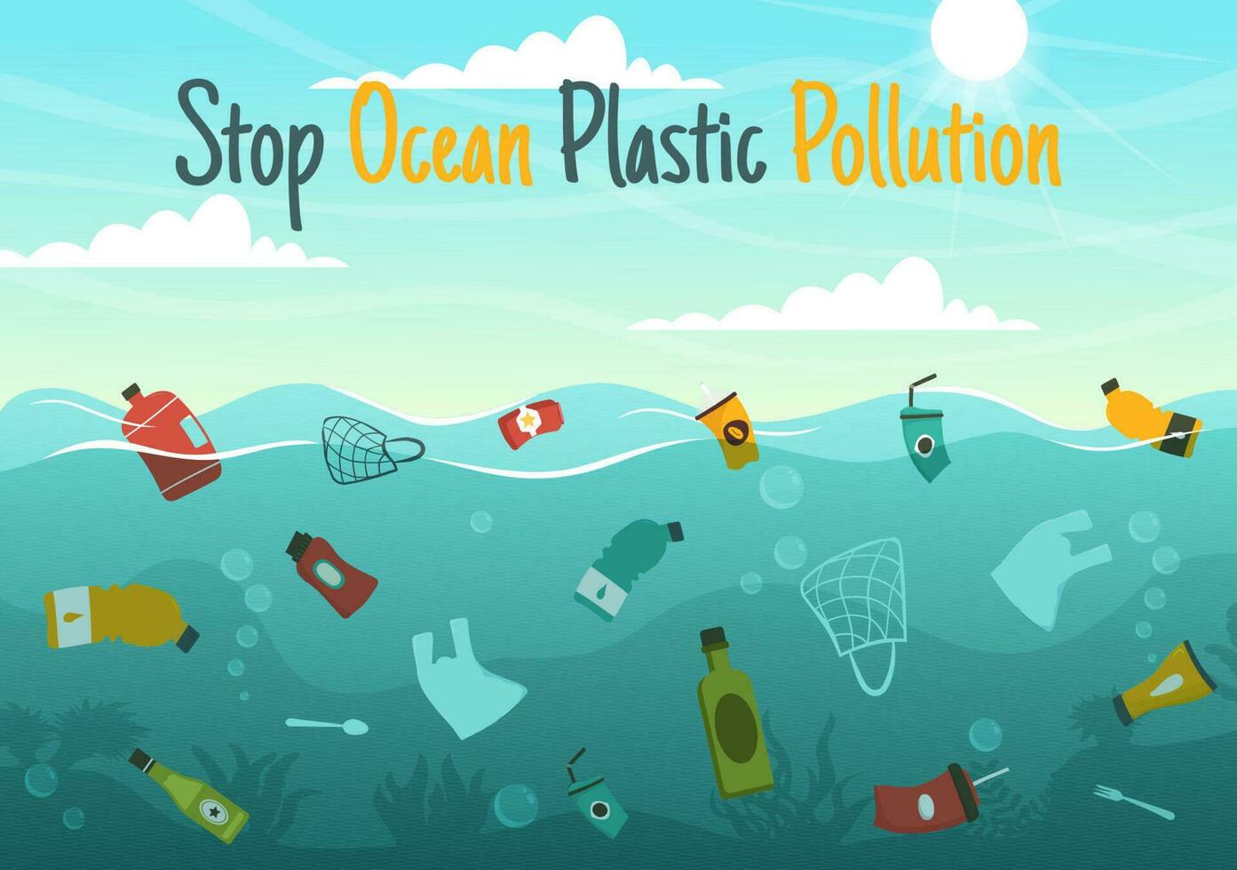 Stop Ocean Plastic Pollution Vector Illustration with Trash Under the Sea like a Waste Bag, Garbage and Bottle in Flat Cartoon Hand Drawn Templates