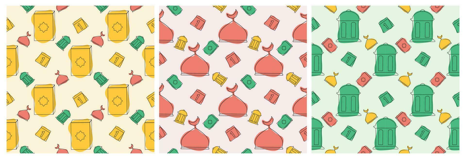 Set of Happy Islamic New Year Seamless Pattern Design Flat Illustration with Muslims Elements in Template Hand Drawn vector