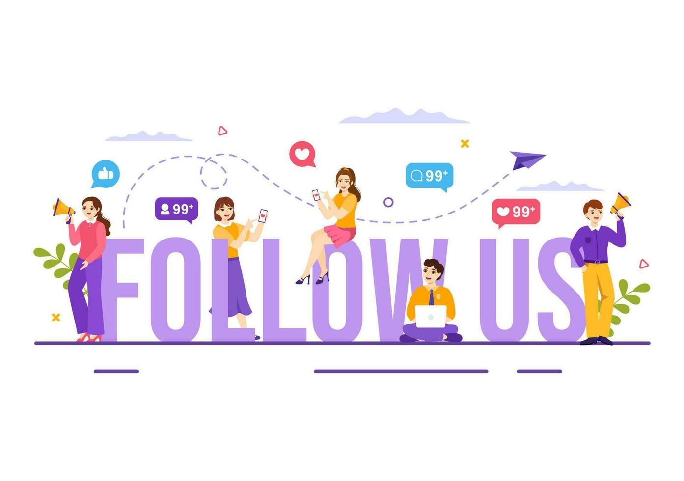 Follow Us and Like Vector Illustration for Internet Advertisement of a Social Media Users Following an Interesting Page in Hand Drawn Templates