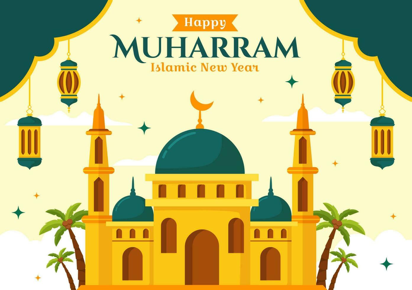 Happy Muharram Vector Illustration with Celebrating Islamic New Year in Flat Cartoon Hand Drawn Landing Page Background Templates