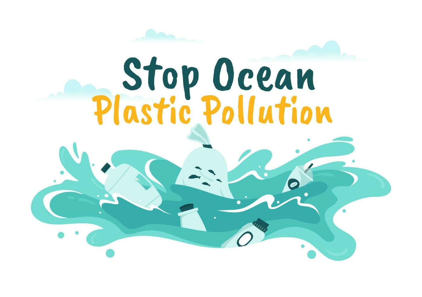 Stop Ocean Plastic Pollution Vector Illustration with Trash Under the Sea like a Waste Bag, Garbage and Bottle in Flat Cartoon Hand Drawn Templates