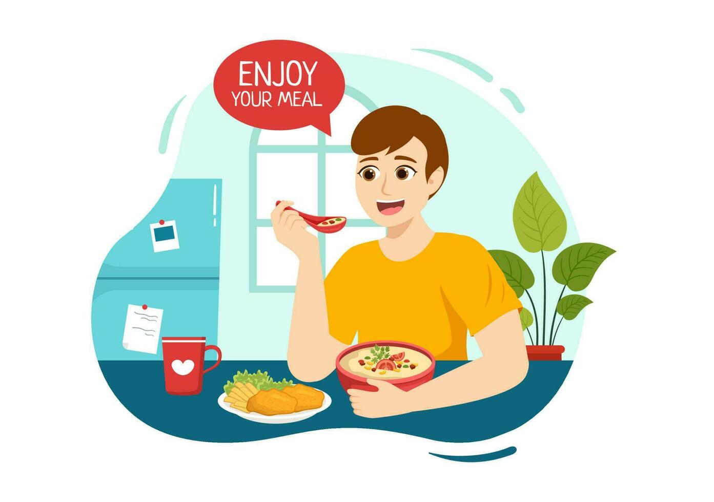 disfrutar tu comida vector ilustración un variedad de delicioso comida en hogar o restaurante en plano dibujos animados mano dibujado aterrizaje página antecedentes plantillas