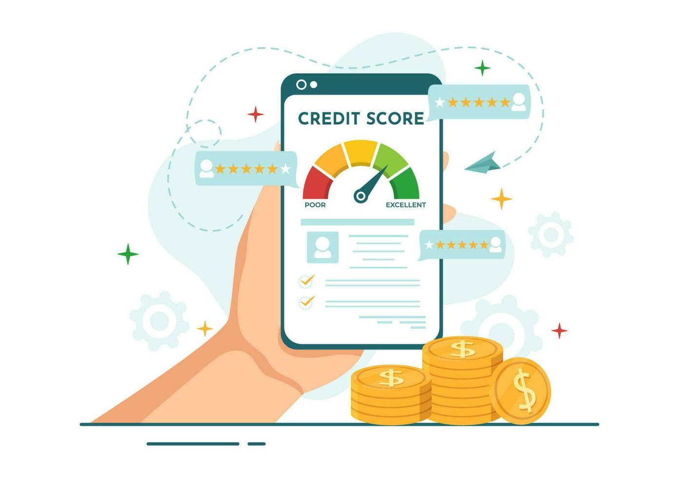 Credit Score Vector Illustration with Loan Arrow Gauge Speedometer Indicator from Poor to Good Rate in Flat Cartoon Hand Drawn Templates