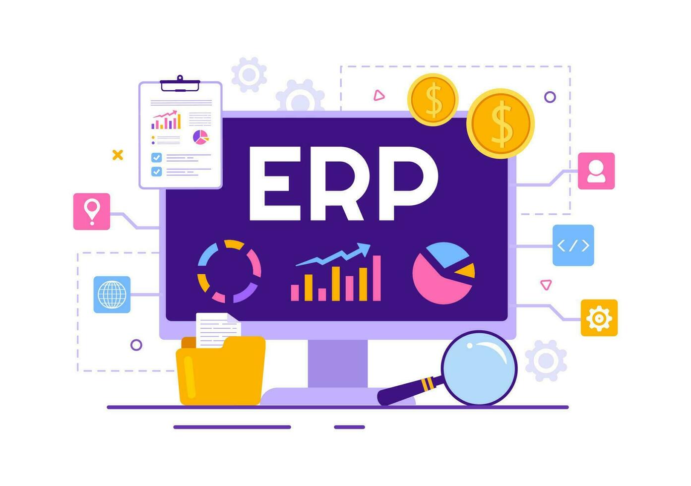 ERP Enterprise Resource Planning System Vector Illustration with Business Integration, Productivity and Company Enhancement in Hand Drawn Templates