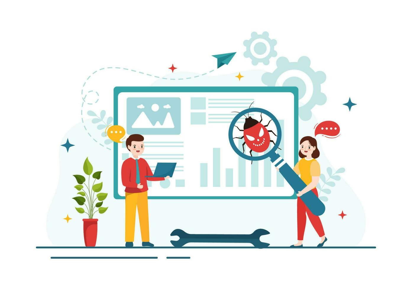 Bug Tracking Vector Illustration with Mobile Phone Protection from Computer Virus on Big Screen in Website Security Flat Cartoon Hand Drawn Templates