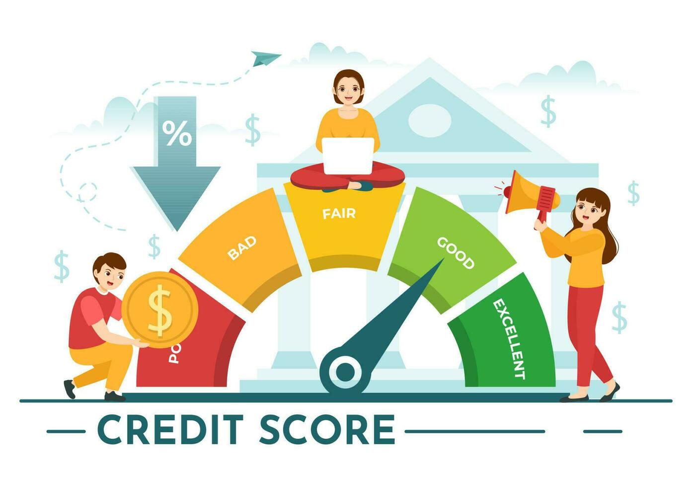 Credit Score Vector Illustration with Loan Arrow Gauge Speedometer Indicator from Poor to Good Rate in Flat Cartoon Hand Drawn Templates