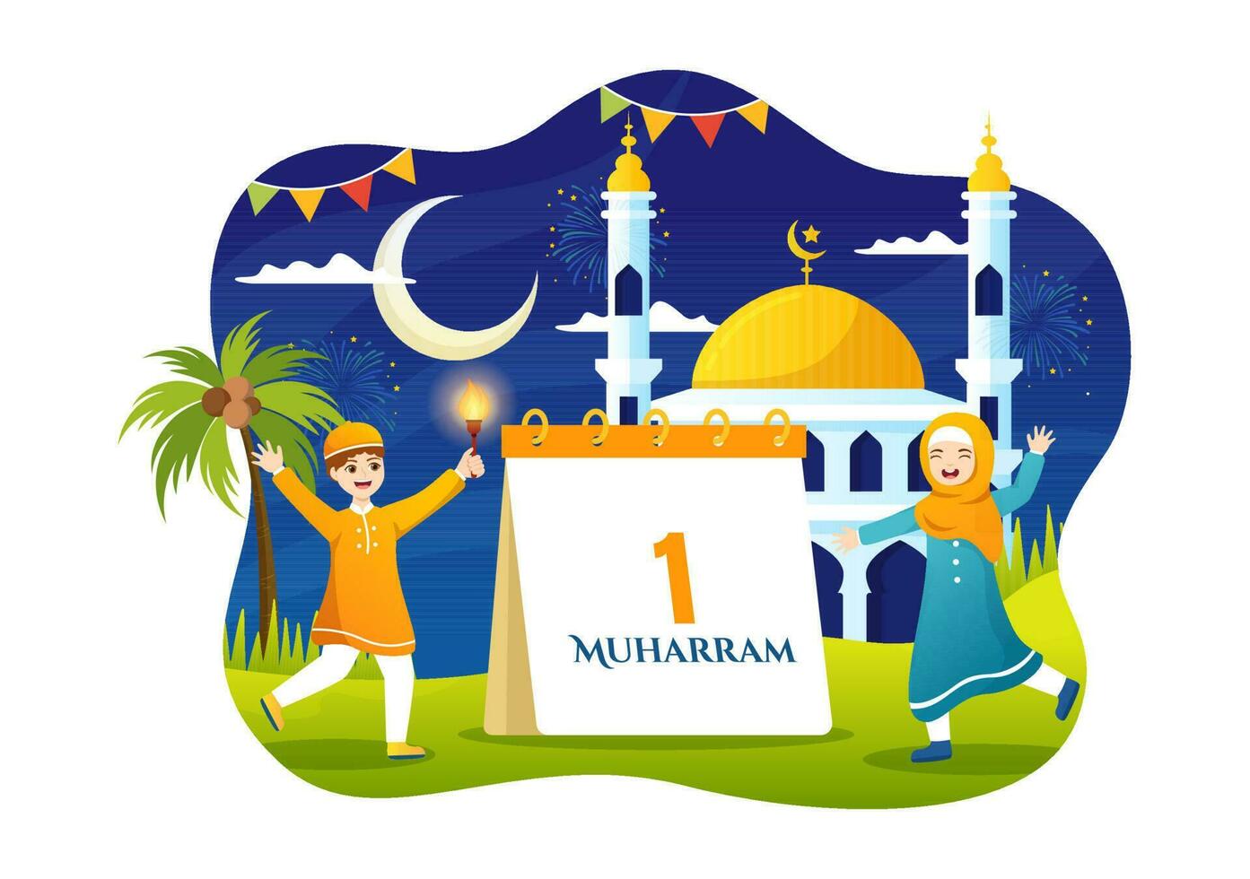 contento muharram vector ilustración con niños celebrando islámico nuevo año en plano dibujos animados mano dibujado aterrizaje página antecedentes plantillas