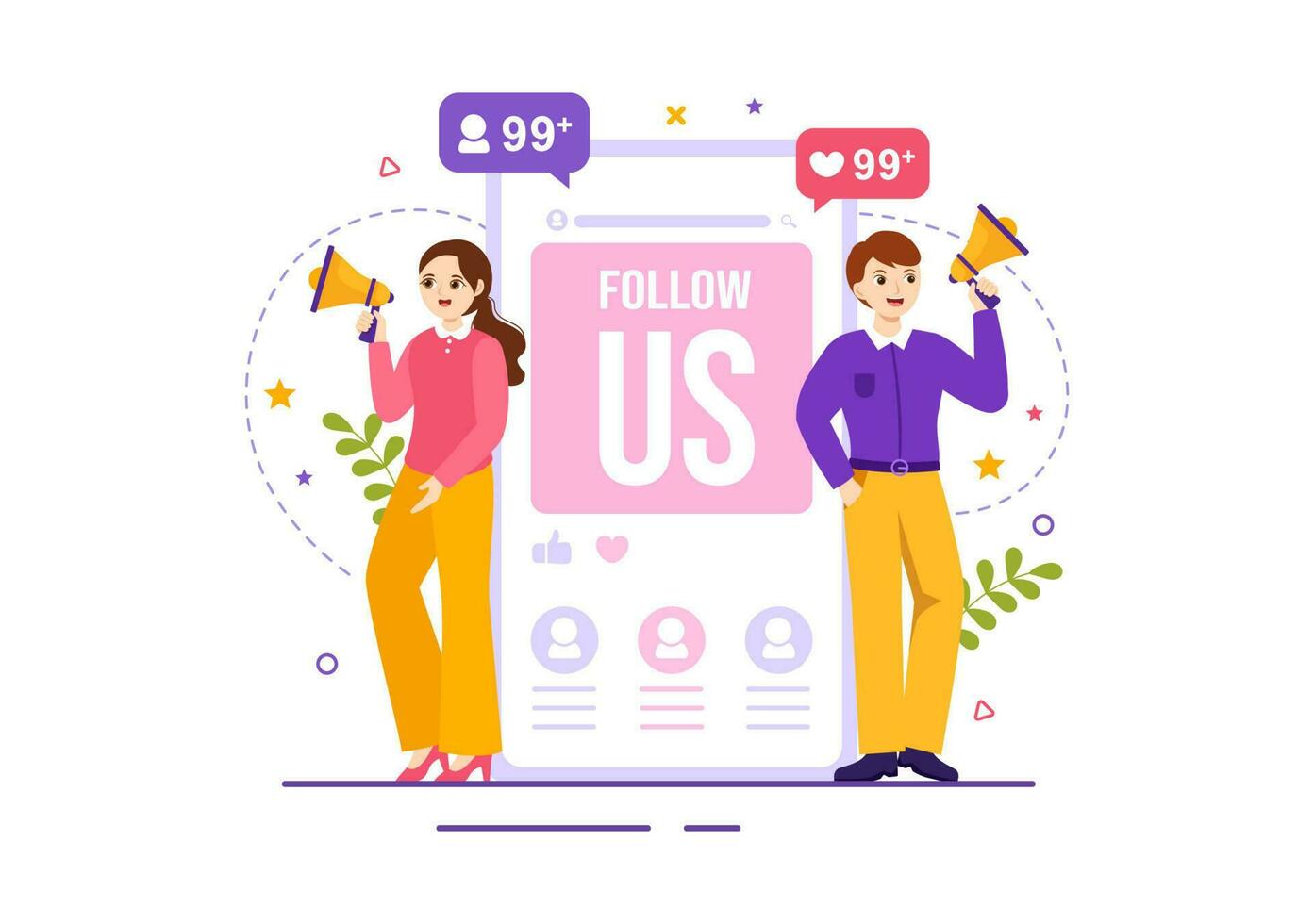 Follow Us and Like Vector Illustration for Internet Advertisement of a Social Media Users Following an Interesting Page in Hand Drawn Templates