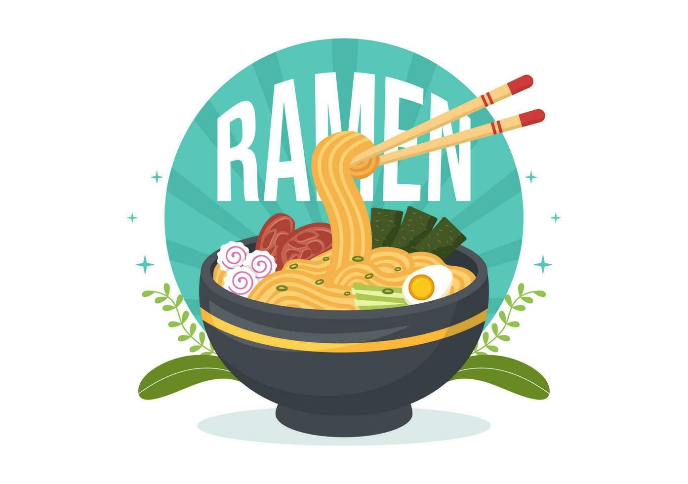 ramen vector ilustración de japonés comida con fideos, palillos, miso sopa, huevo hervido y A la parrilla nori en plano dibujos animados mano dibujado plantillas