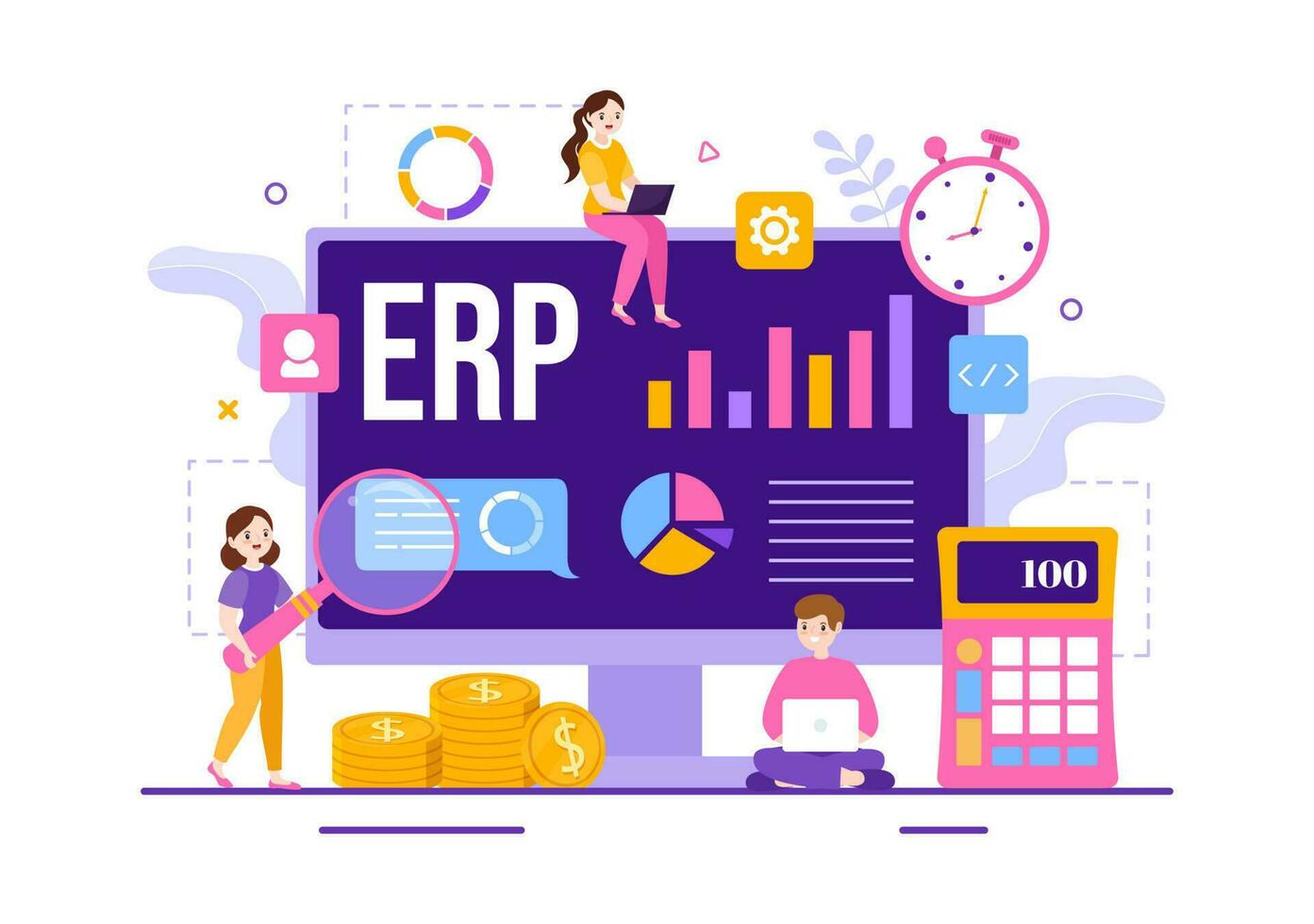 ERP Enterprise Resource Planning System Vector Illustration with Business Integration, Productivity and Company Enhancement in Hand Drawn Templates