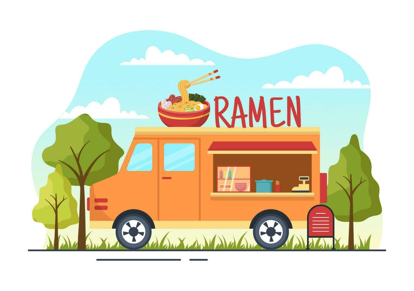 ramen vector ilustración de japonés comida con fideos, palillos, miso sopa, huevo hervido y A la parrilla nori en plano dibujos animados mano dibujado plantillas