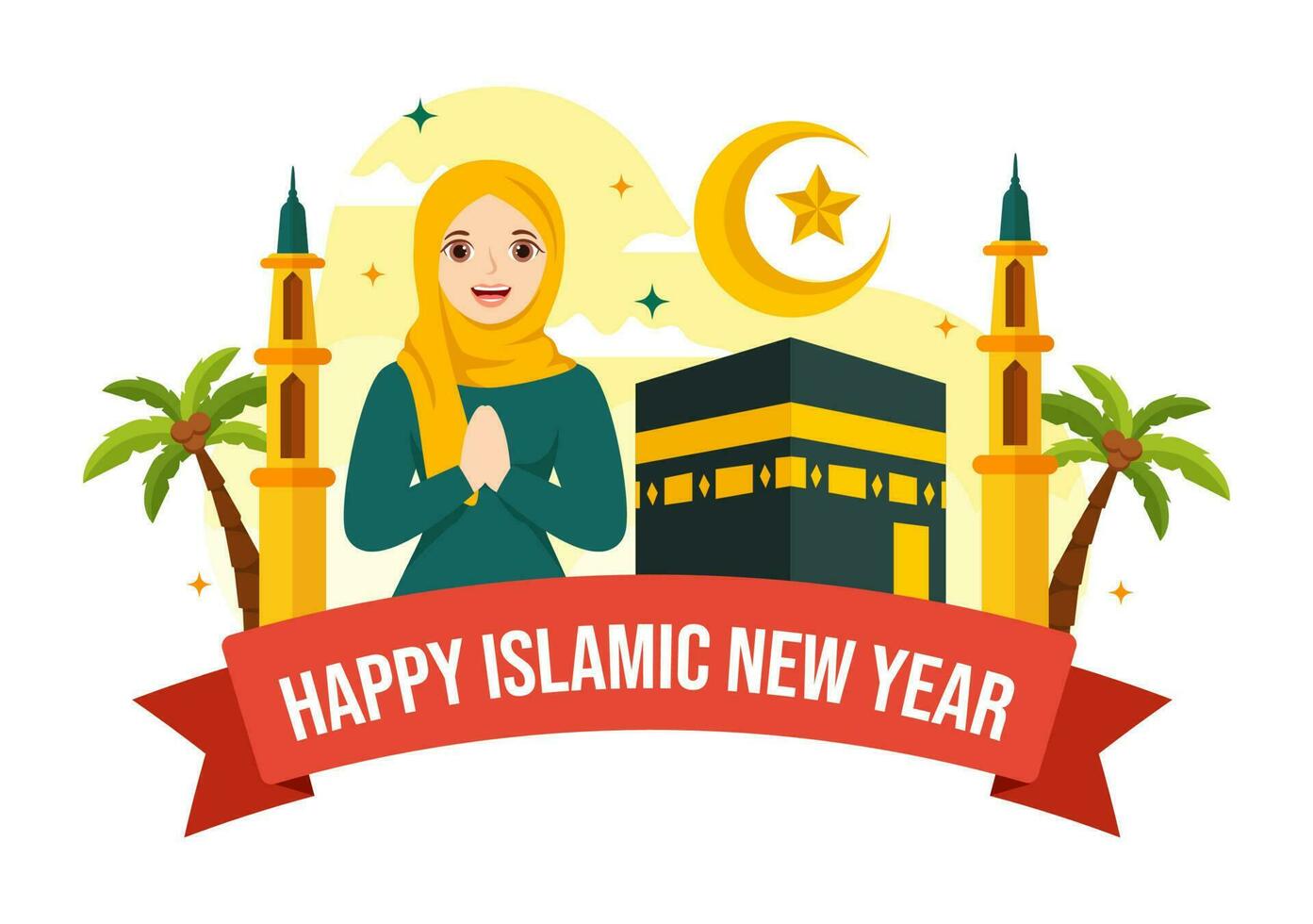 contento muharram vector ilustración con celebrando islámico nuevo año en plano dibujos animados mano dibujado aterrizaje página antecedentes plantillas