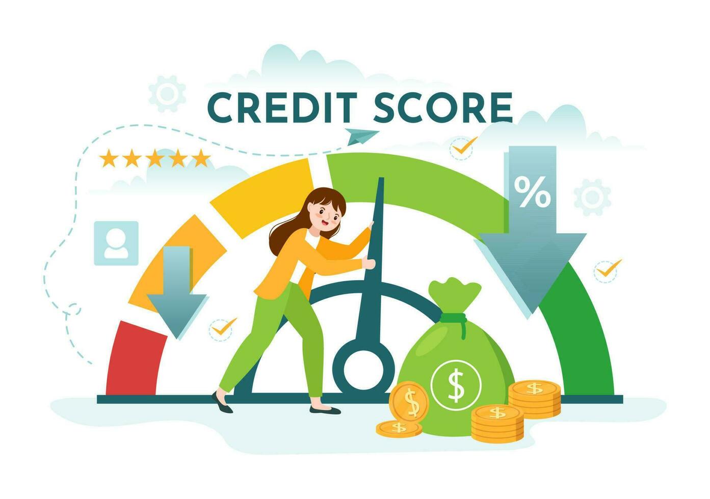 Credit Score Vector Illustration with Loan Arrow Gauge Speedometer Indicator from Poor to Good Rate in Flat Cartoon Hand Drawn Templates