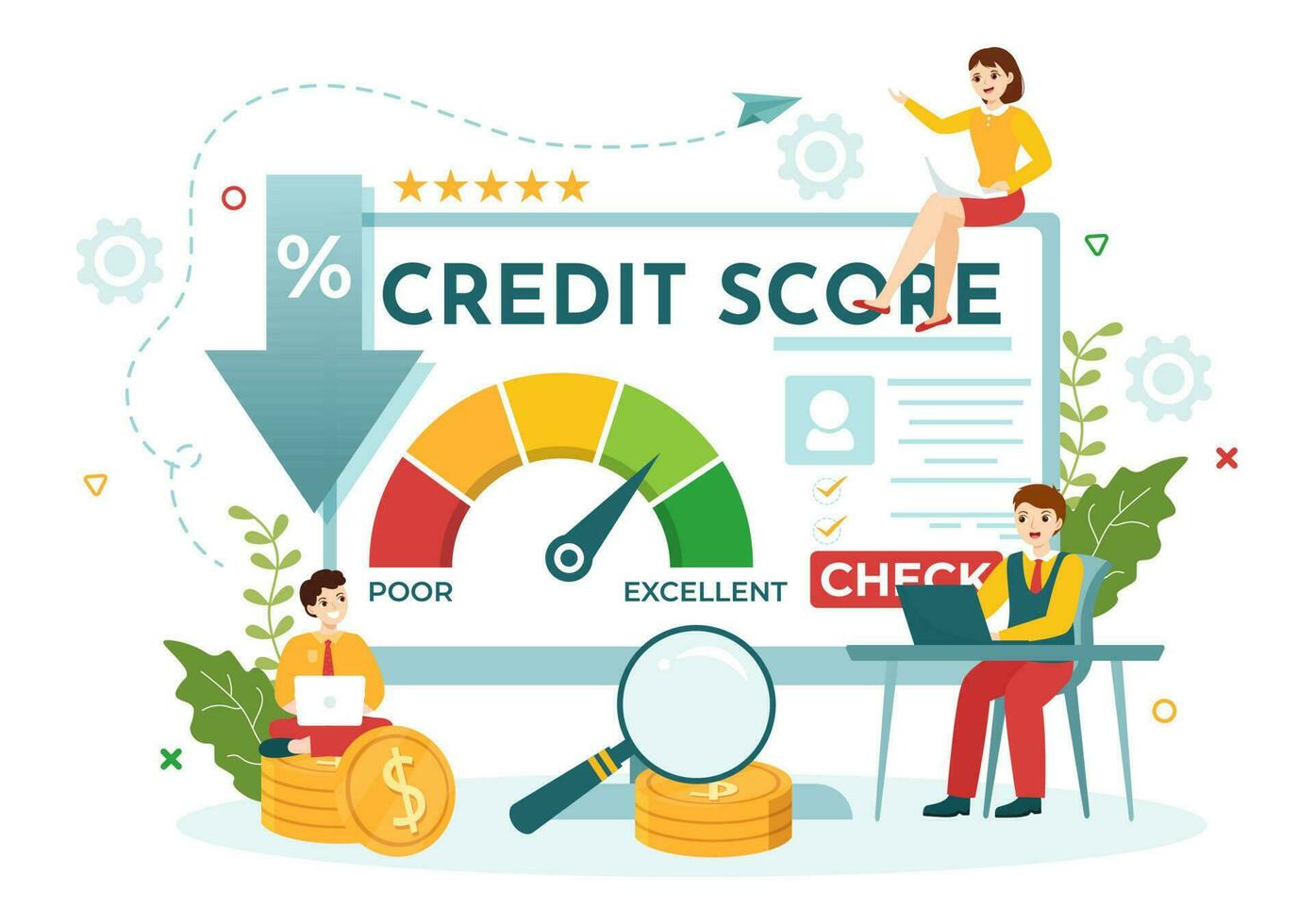 Credit Score Vector Illustration with Loan Arrow Gauge Speedometer Indicator from Poor to Good Rate in Flat Cartoon Hand Drawn Templates