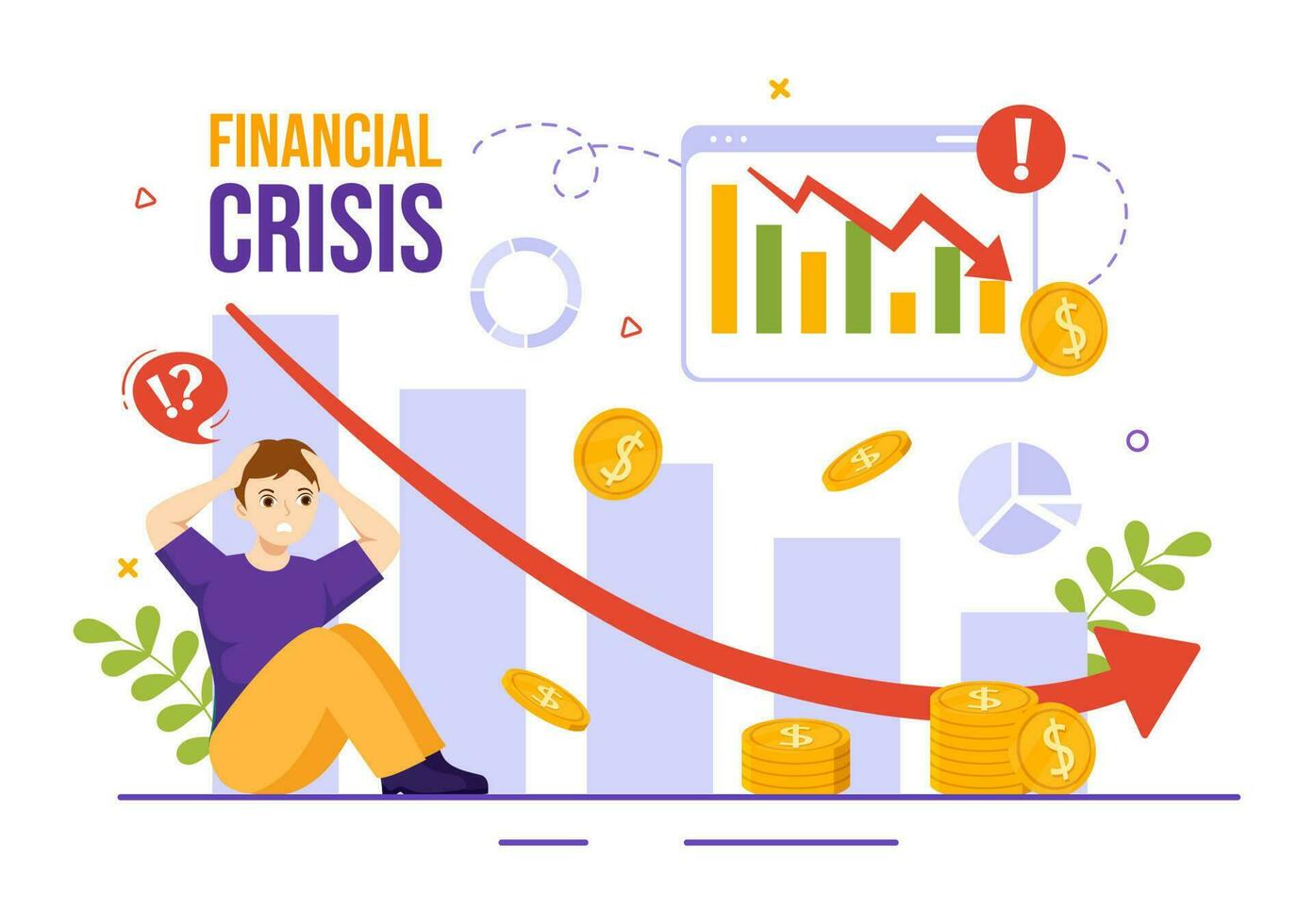 financiero crisis vector ilustración con bancarrota, colapso de el economía y costo reducción en plano dibujos animados mano dibujado aterrizaje página plantillas