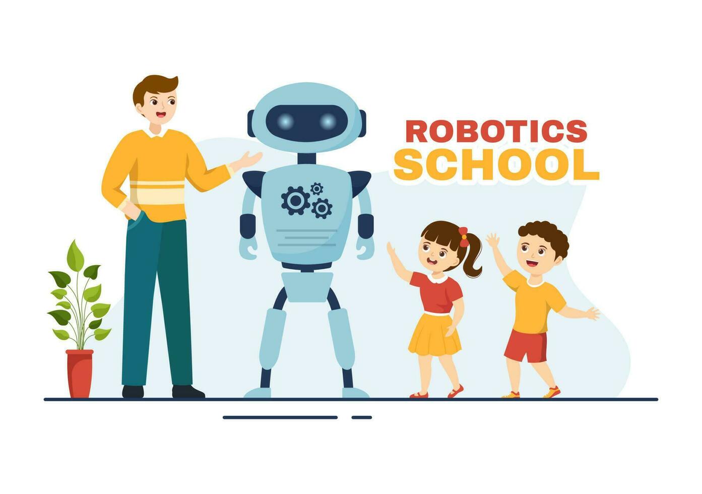 robótica colegio vector ilustración con niños robótico proyecto a programación y Ingenieria robot en plano dibujos animados mano dibujado aterrizaje página plantillas