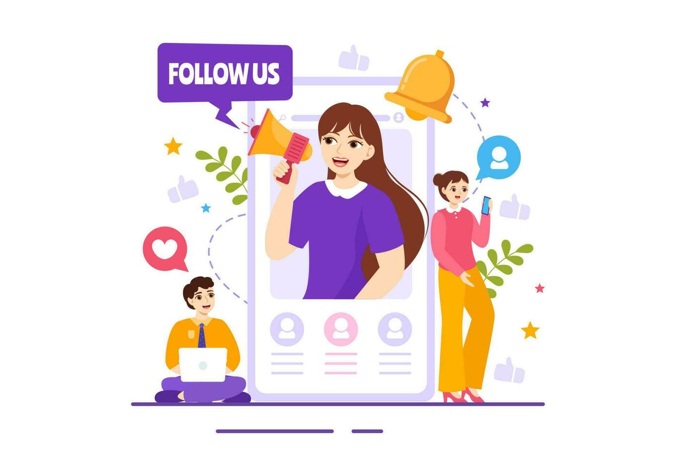 Follow Us and Like Vector Illustration for Internet Advertisement of a Social Media Users Following an Interesting Page in Hand Drawn Templates