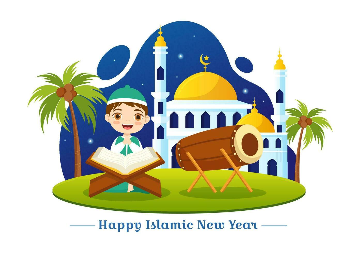 Happy Muharram Vector Illustration with Kids Celebrating Islamic New Year in Flat Cartoon Hand Drawn Landing Page Background Templates