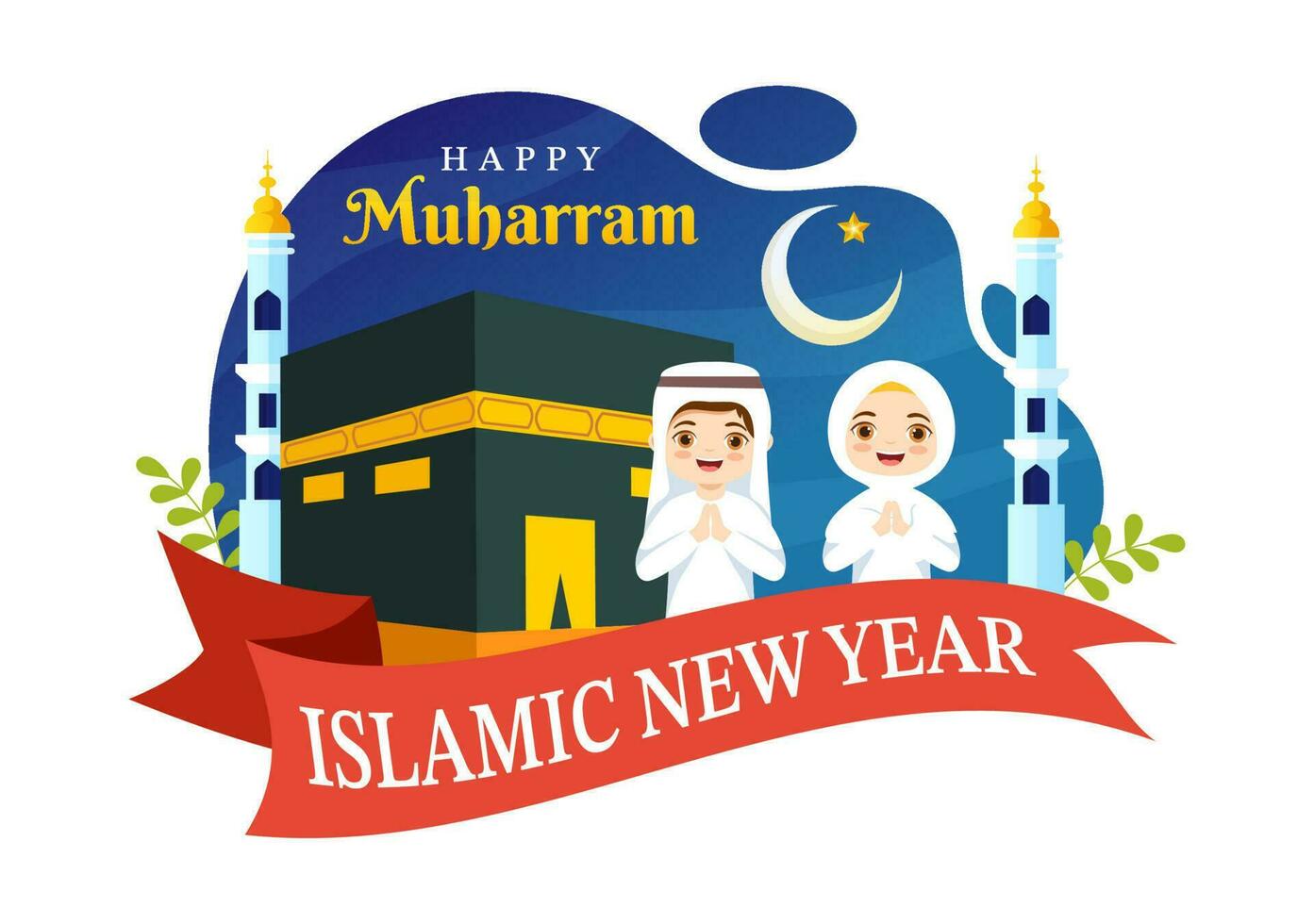 Happy Muharram Vector Illustration with Kids Celebrating Islamic New Year in Flat Cartoon Hand Drawn Landing Page Background Templates