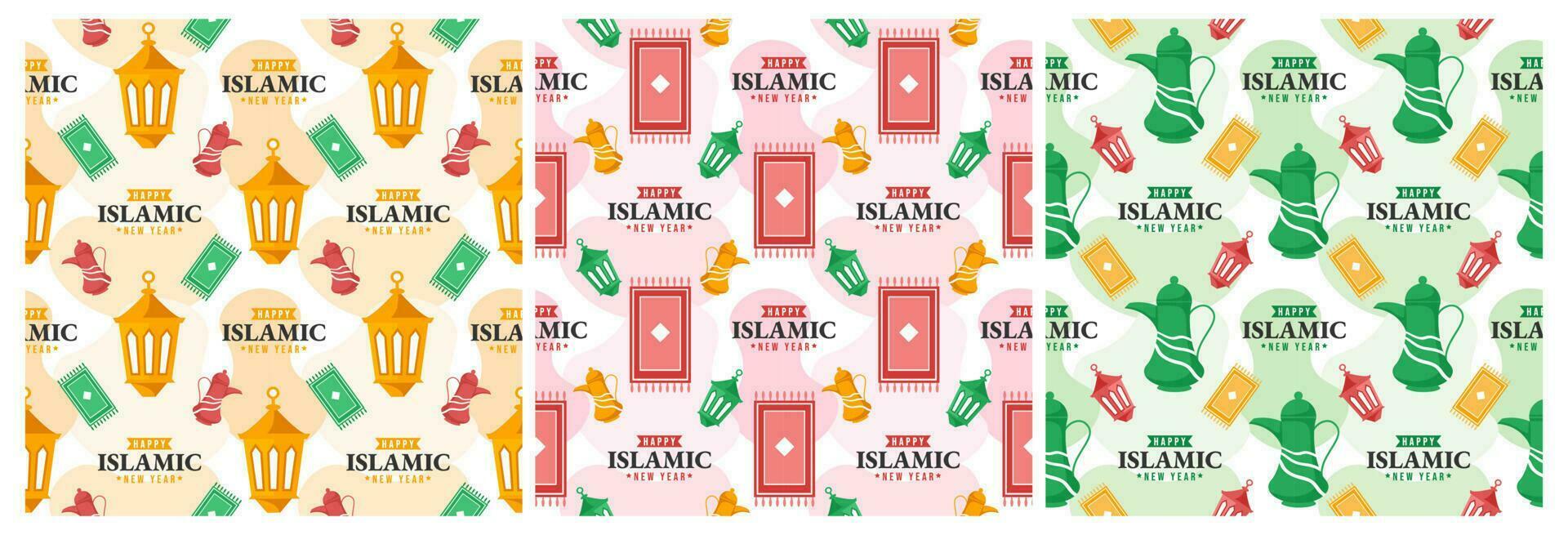 Set of Happy Islamic New Year Seamless Pattern Design Flat Illustration with Muslims Elements in Template Hand Drawn vector