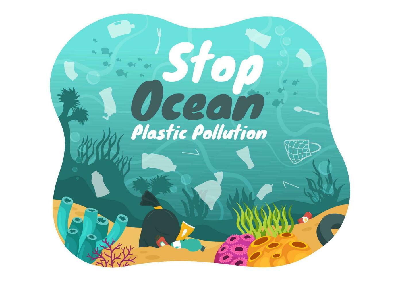 Stop Ocean Plastic Pollution Vector Illustration with Trash Under the Sea like a Waste Bag, Garbage and Bottle in Flat Cartoon Hand Drawn Templates