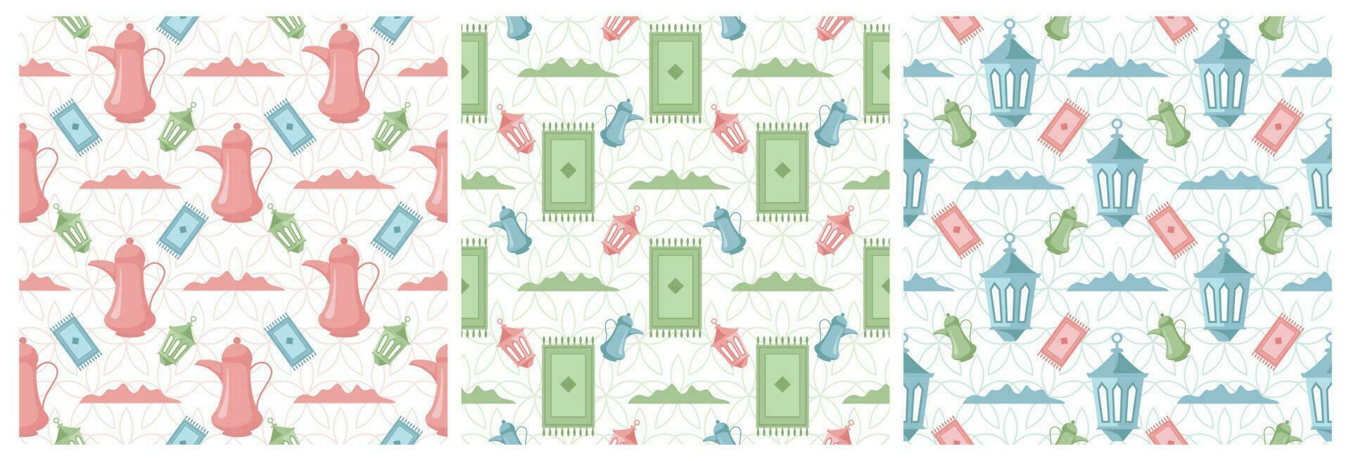Set of Happy Islamic New Year Seamless Pattern Design Flat Illustration with Muslims Elements in Template Hand Drawn vector