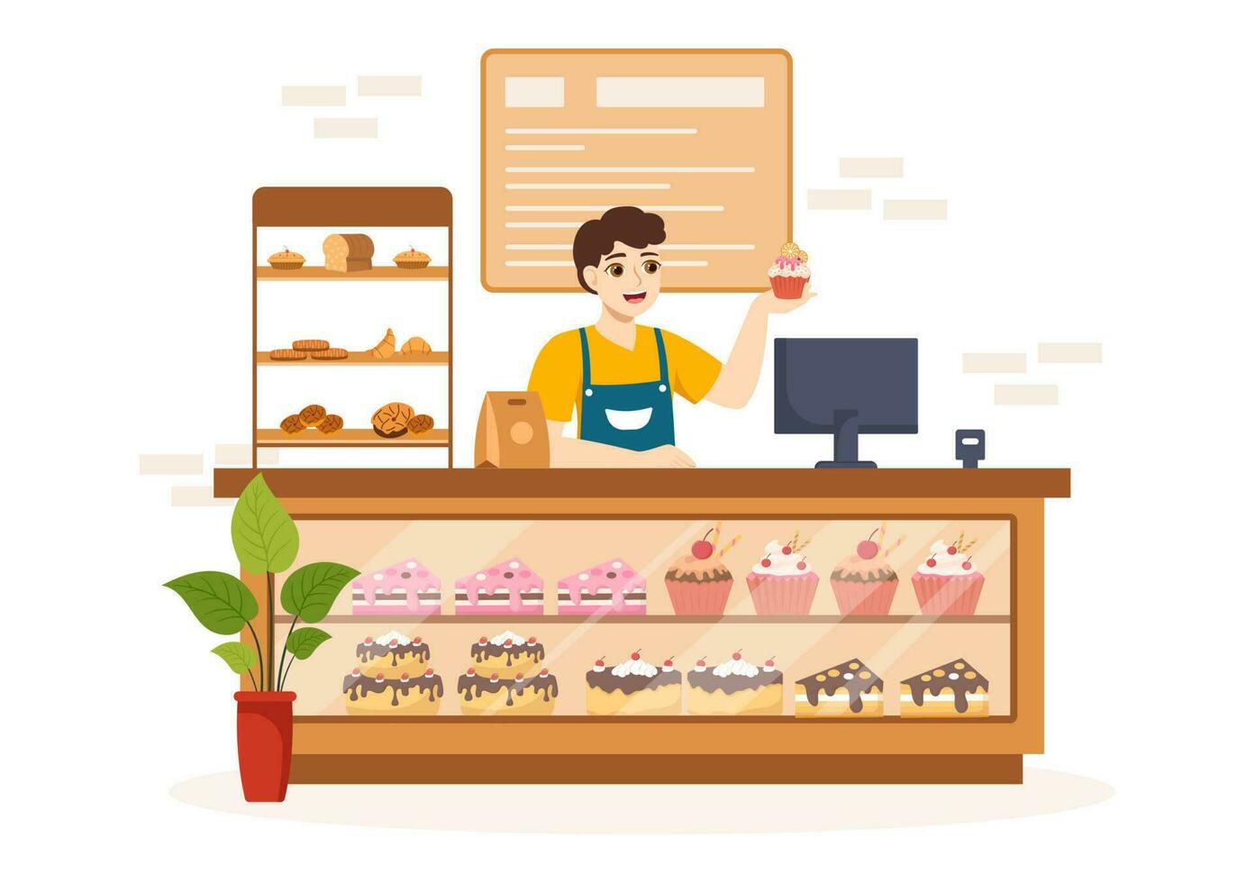 Confectioner Vector Illustration with Chef Wearing Apron Preparing Dessert, Sweet Products and Pastry in Flat Cartoon Hand Drawn Templates