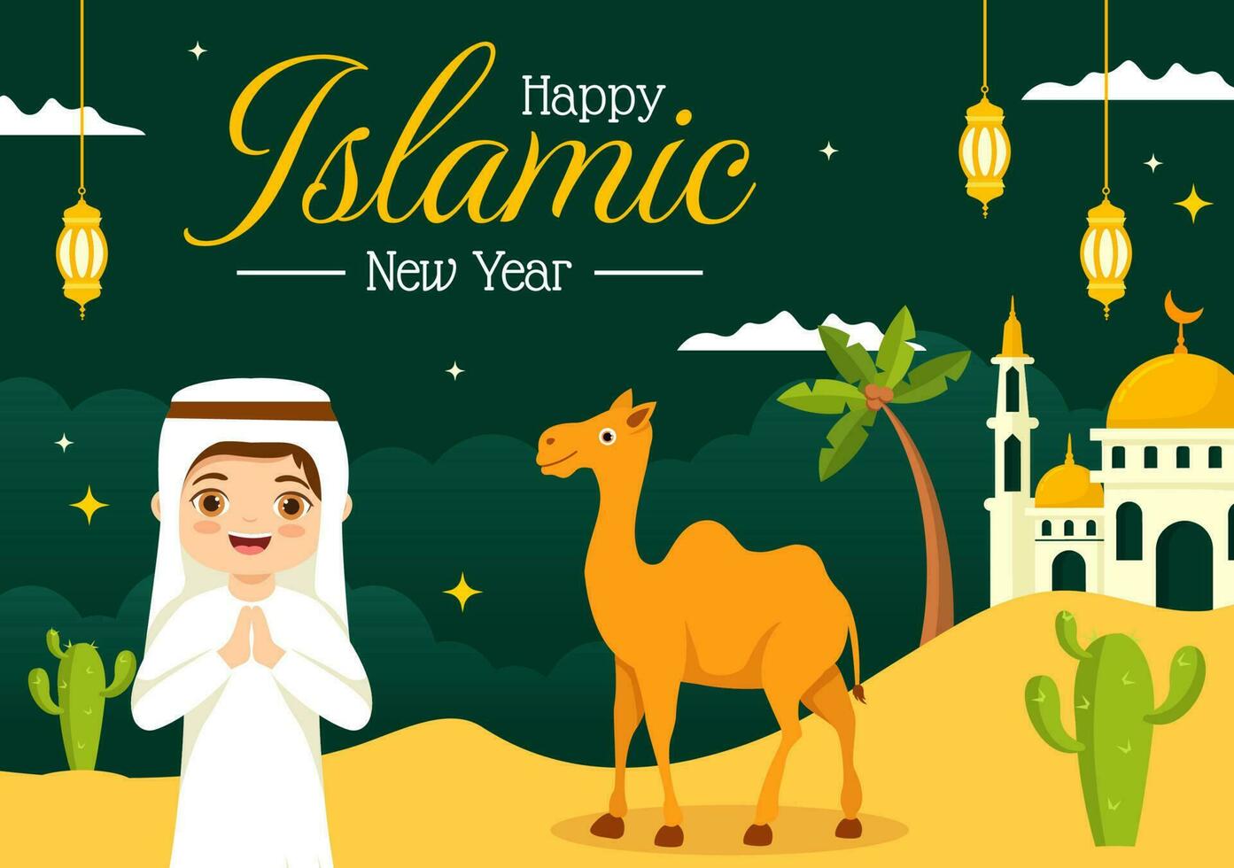 Happy Muharram Vector Illustration with Kids Celebrating Islamic New Year in Flat Cartoon Hand Drawn Landing Page Background Templates