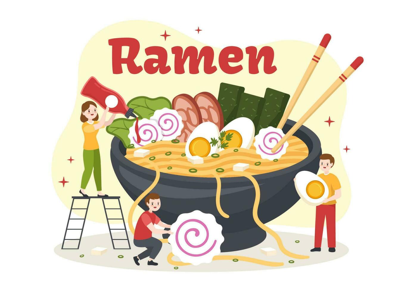 ramen vector ilustración de japonés comida con fideos, palillos, miso sopa, huevo hervido y A la parrilla nori en plano dibujos animados mano dibujado plantillas