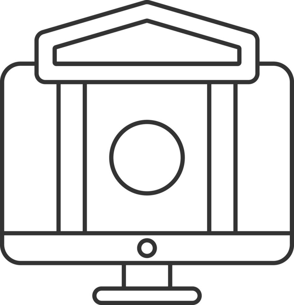 Black Line Art Online Banking In Desktop Icon. vector