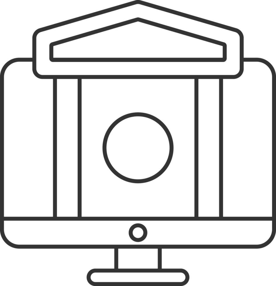 Black Line Art Online Banking In Desktop Icon. vector