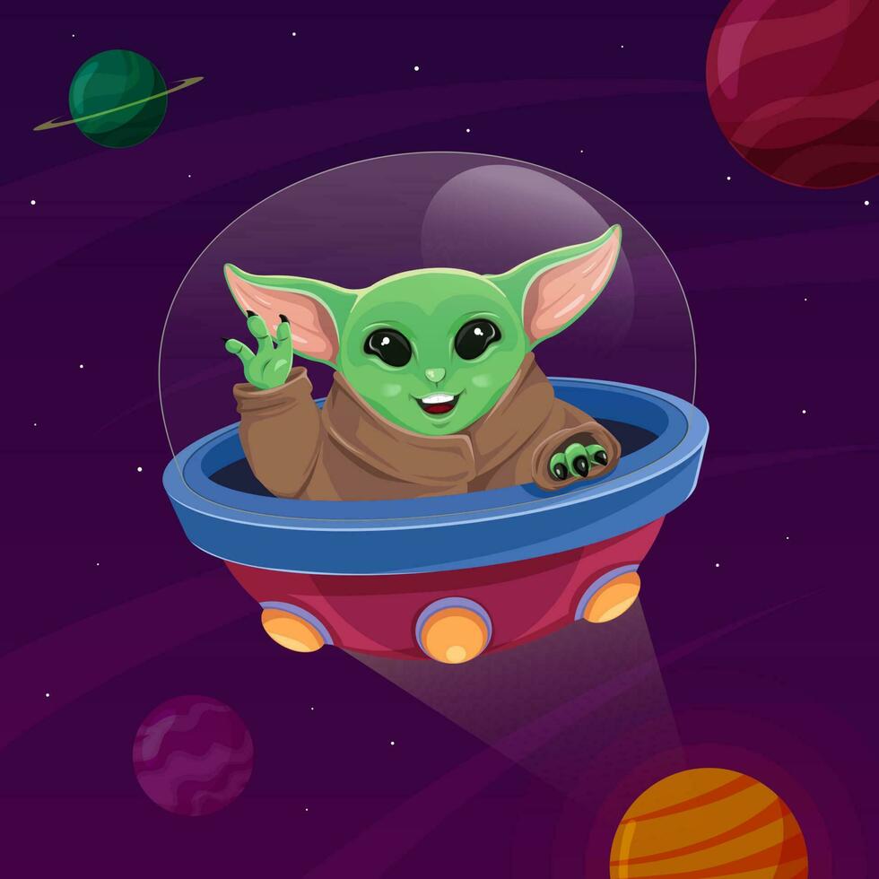 Baby Green Alien On Space Ship Concept vector