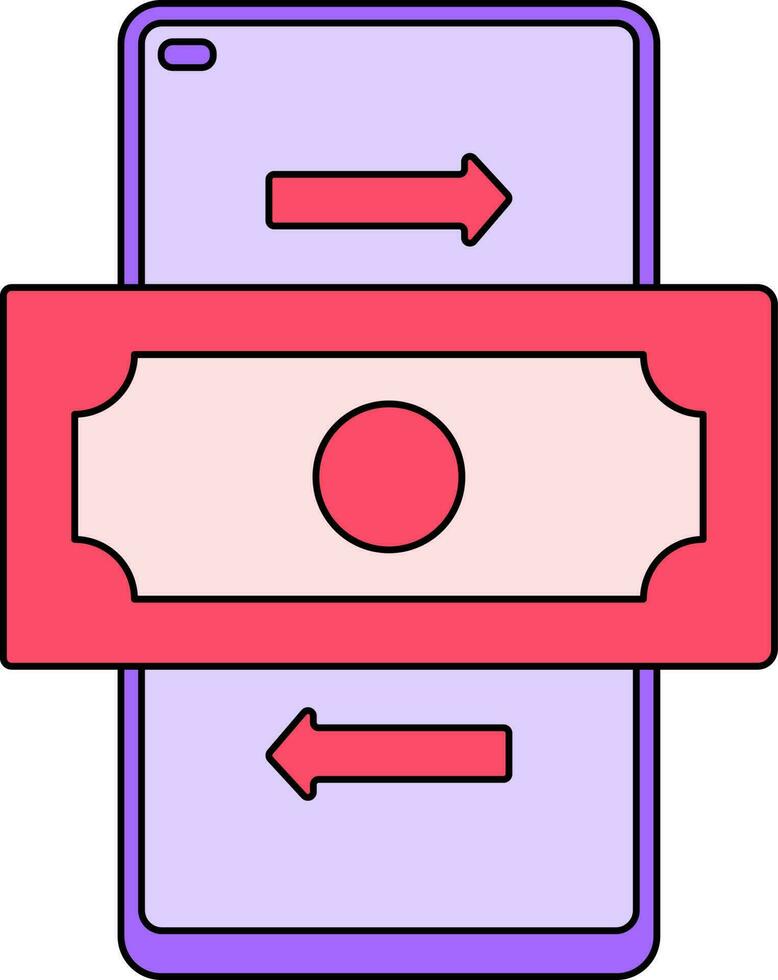 dinero transacción en teléfono inteligente icono en rojo y púrpura color. vector