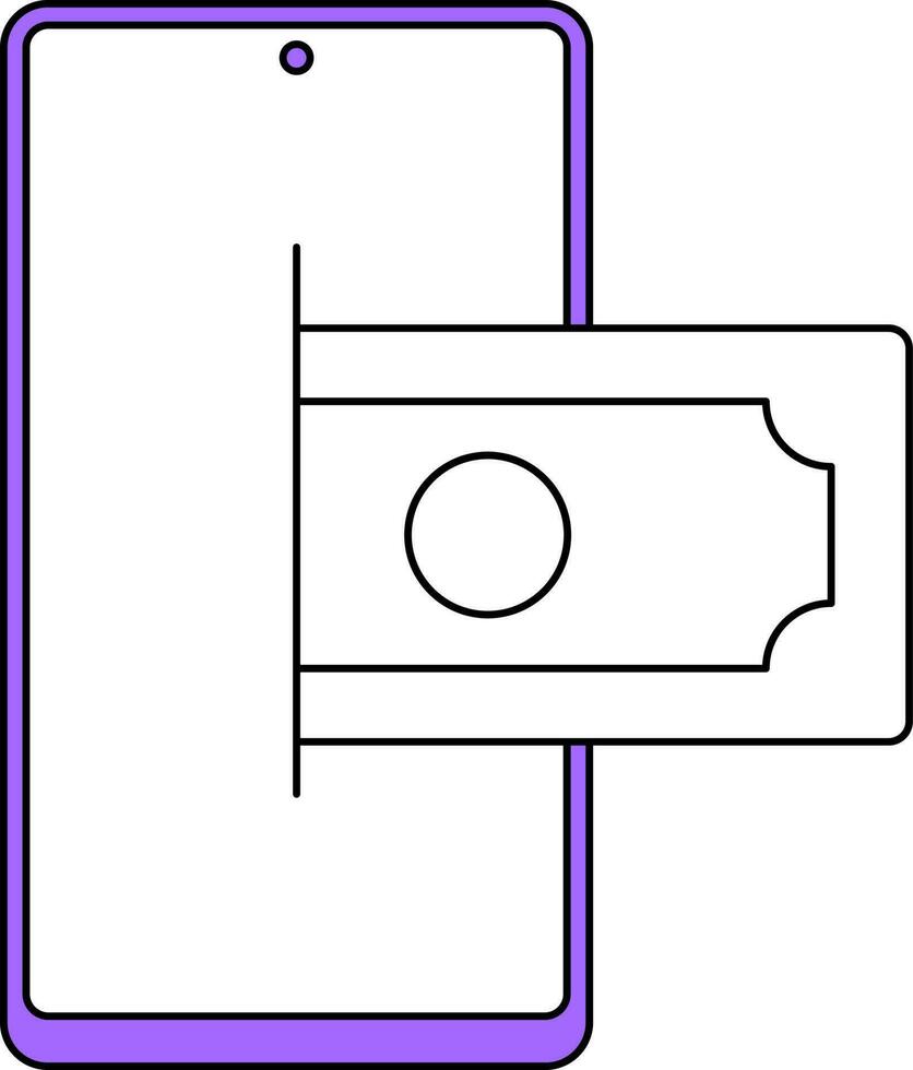 teléfono inteligente con billete de banco icono en púrpura y blanco color. vector